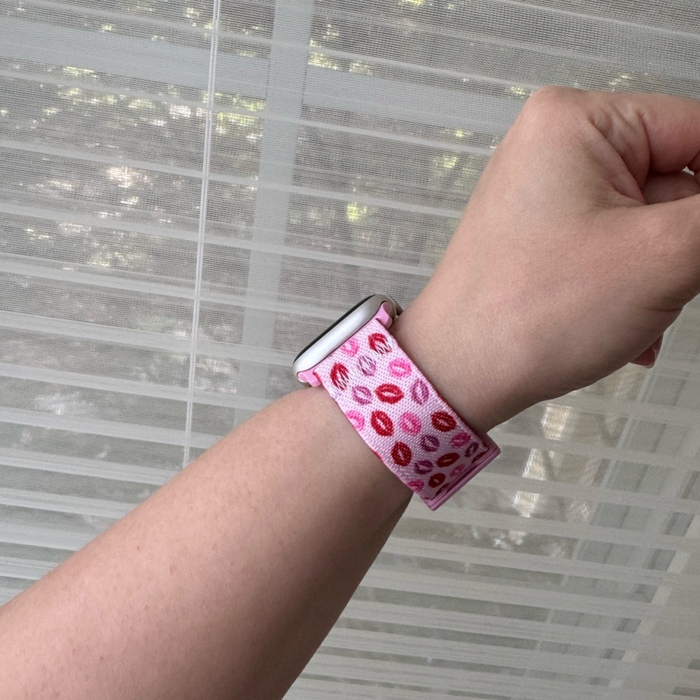 Pink Kiss-Print Apple Watch Band - Adjustable on a Magnetic Clasp - Picture 4 of 15